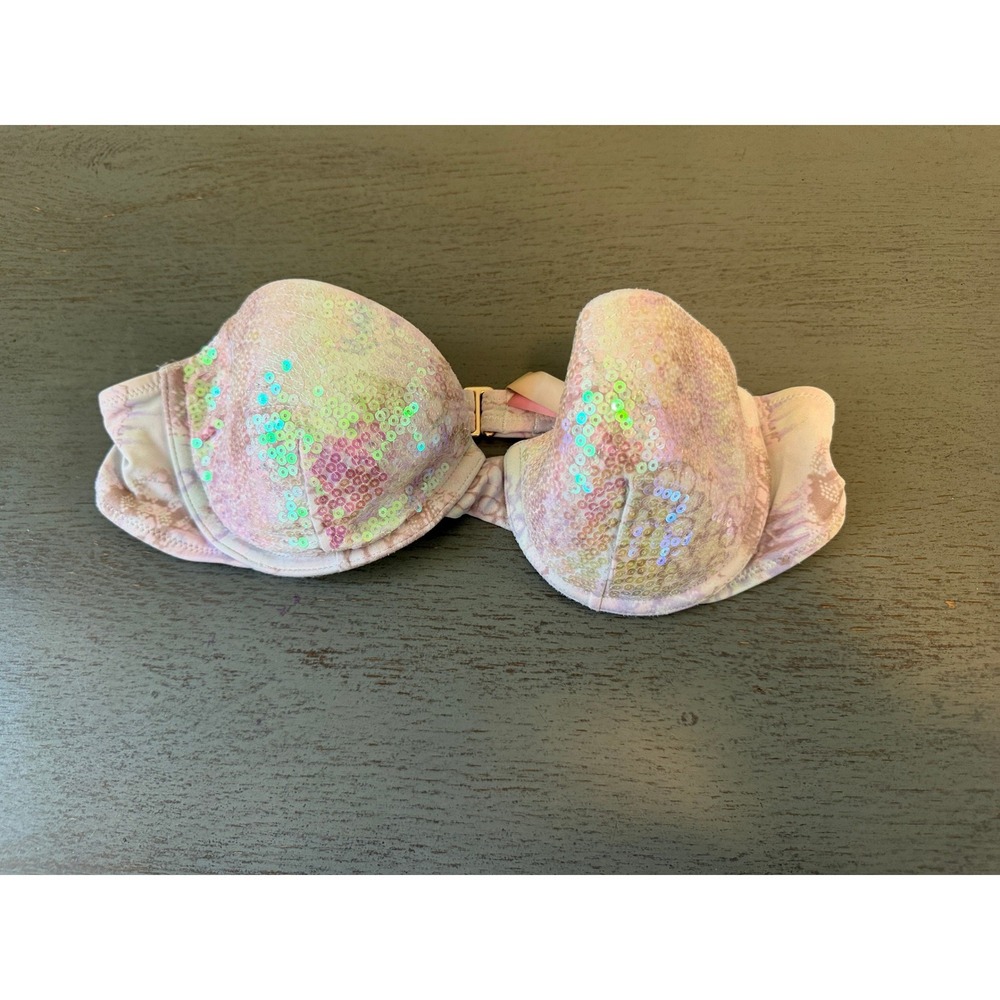 Victoria's Secret Beach Bandeau Bikini Top 34B Pink Purple Sequin Snake Print